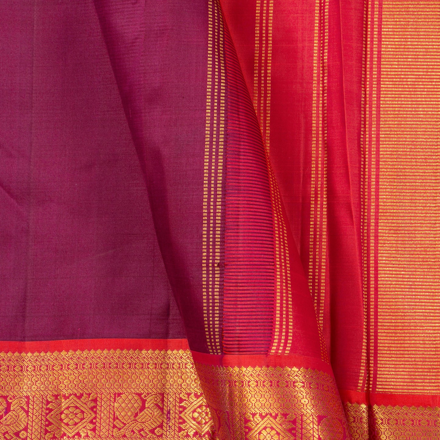 Maroon And Orange Kanchipuram Silk Saree With Short Border Handwoven Pure Silk For Festive Wear PV J 5198