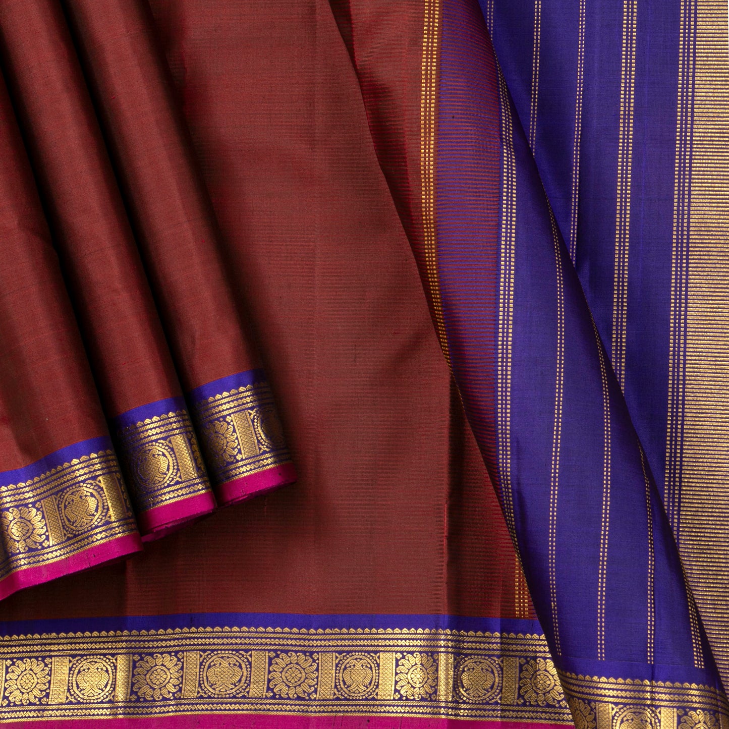 Brown And Blue Kanchipuram Silk Saree With Short Border Handwoven Pure Silk For Festive Wear PV J 5196