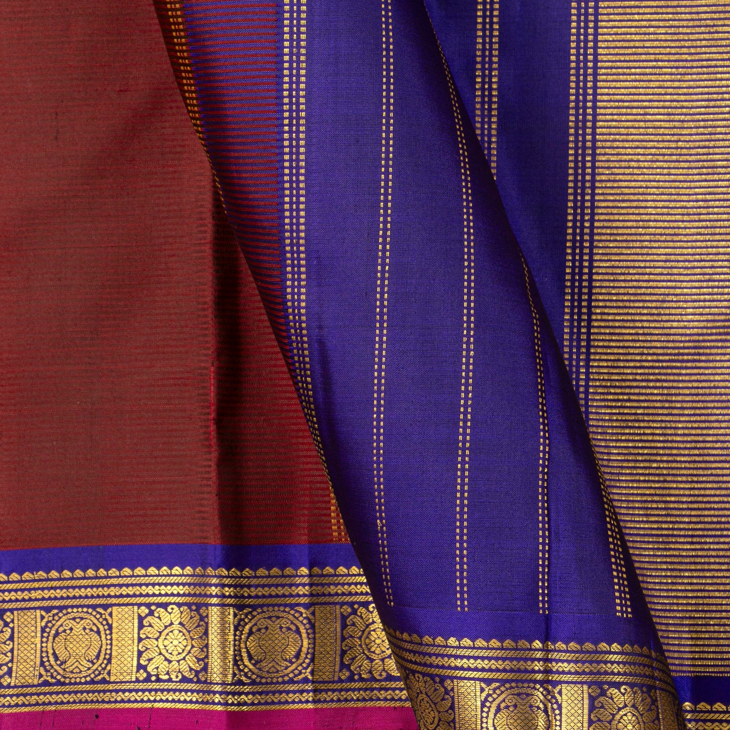 Brown And Blue Kanchipuram Silk Saree With Short Border Handwoven Pure Silk For Festive Wear PV J 5196