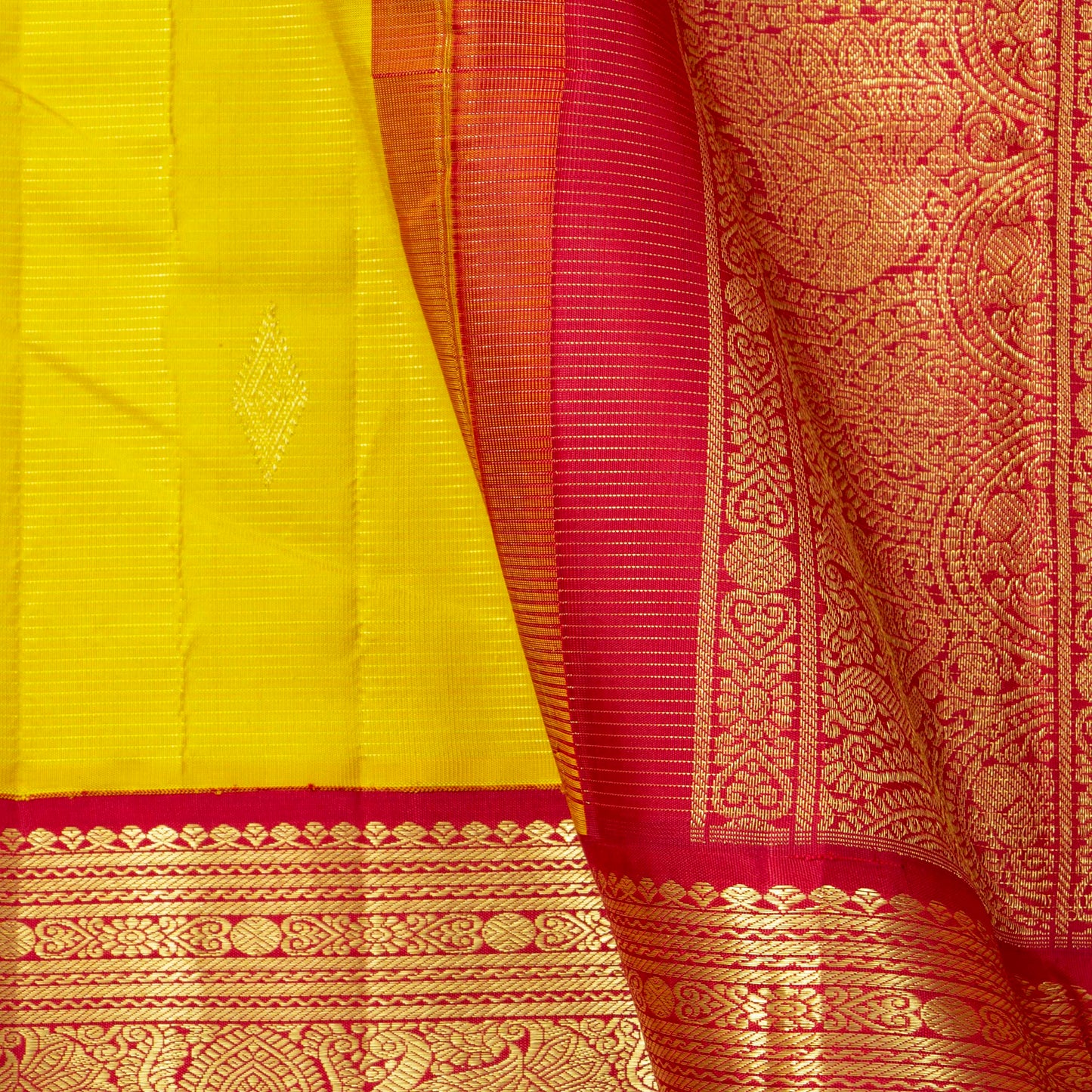 Yellow And Red Kanchipuram Silk Saree Vaira Oosi For Wedding Wear PV NYC 1581