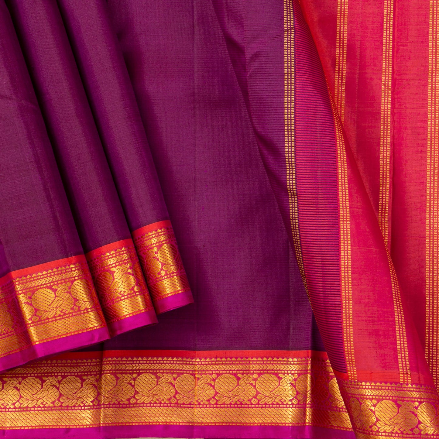 Magenta And Orange Kanchipuram Silk Saree With Short Border Handwoven Pure Silk For Festive Wear PV J 5201`