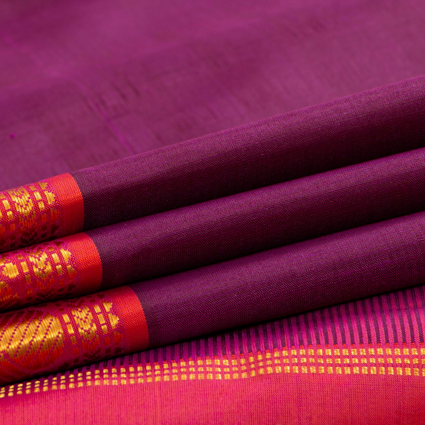 Magenta And Orange Kanchipuram Silk Saree With Short Border Handwoven Pure Silk For Festive Wear PV J 5201`