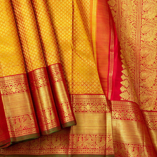 Mustard And Red Kanchipuram Silk Saree For Wedding Wear PV NYC 1656