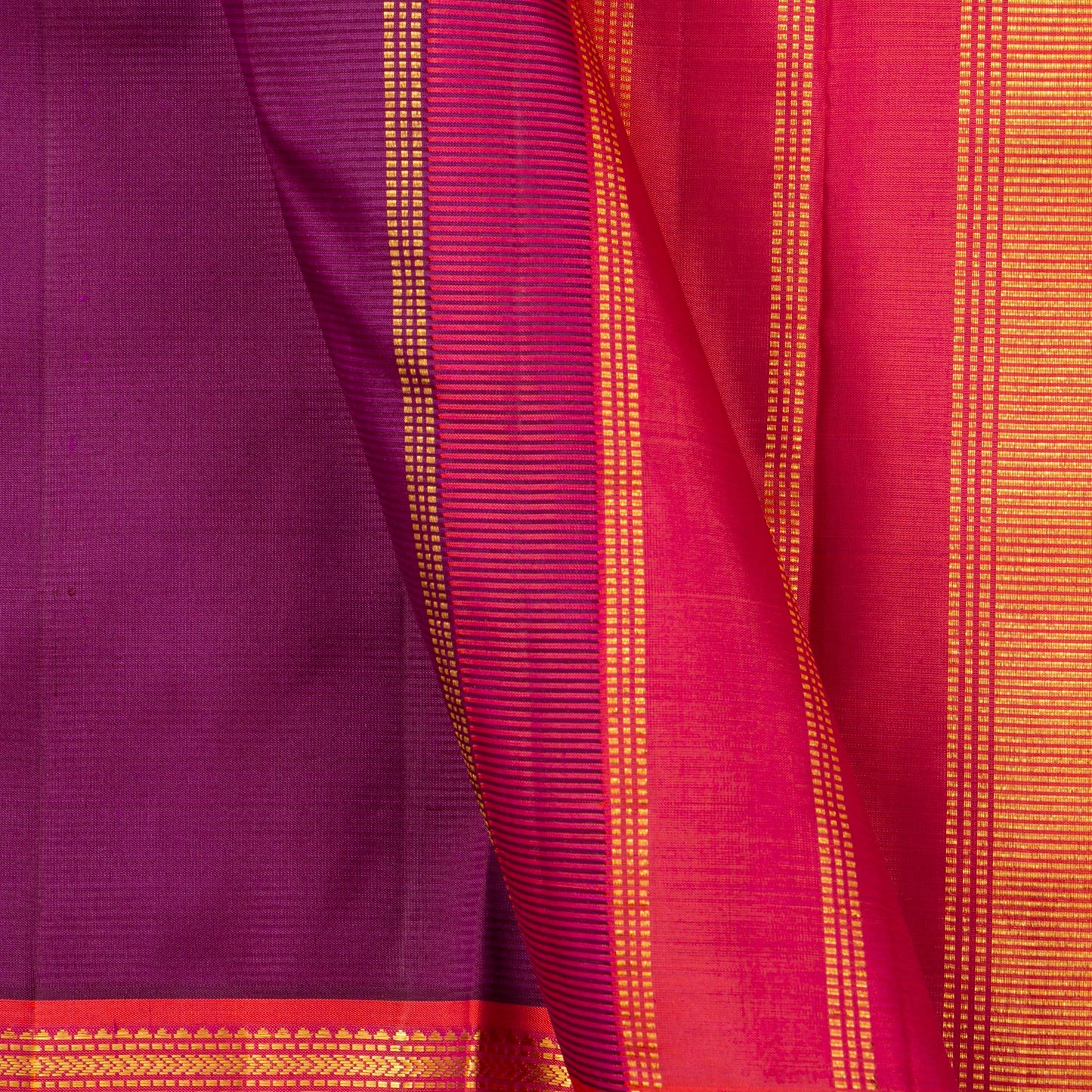 Magenta And Orange Kanchipuram Silk Saree With Short Border Handwoven Pure Silk For Festive Wear PV J 5201`