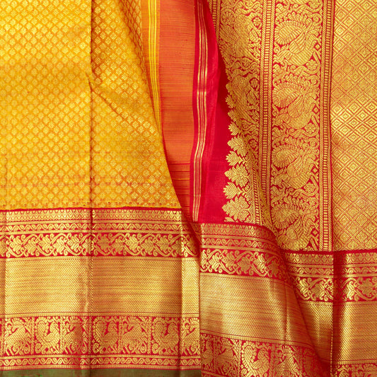 Mustard And Red Kanchipuram Silk Saree For Wedding Wear PV NYC 1656