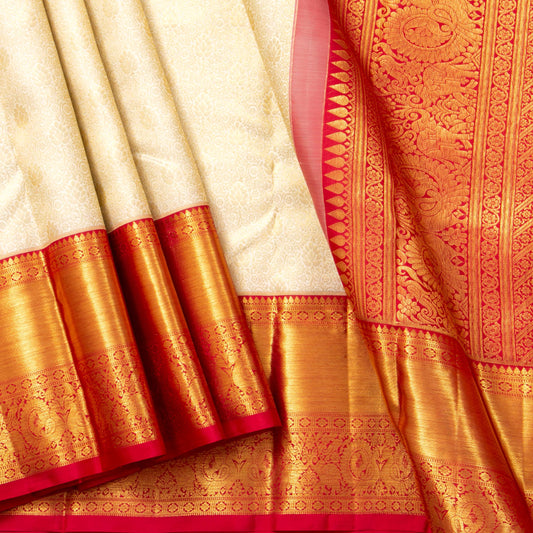 Off White And Red Kanchipuram Silk Saree For Wedding Wear PV NYC 1686