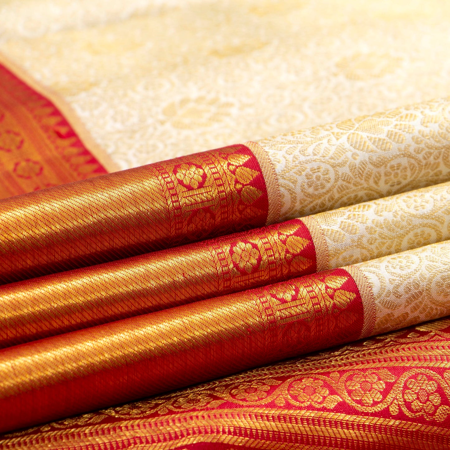 Off White And Red Kanchipuram Silk Saree For Wedding Wear PV NYC 1686