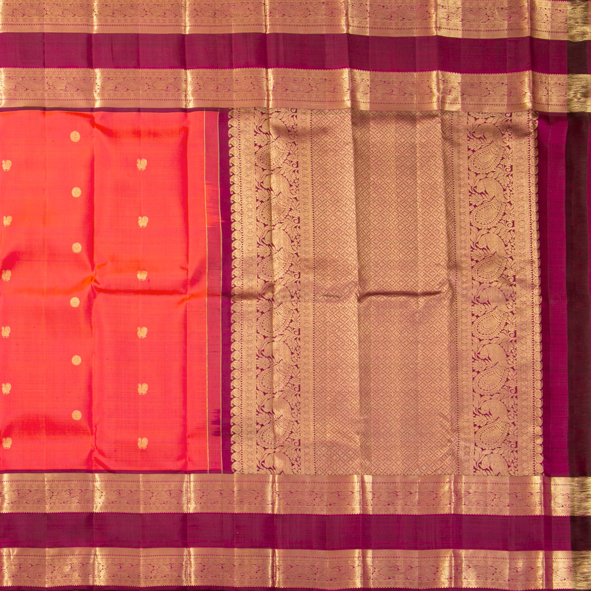 Orange And Maroon Kanchipuram Silk Saree For Festive Wear PV MEN 249 - Silk Sari - Panjavarnam PV MEN 249
