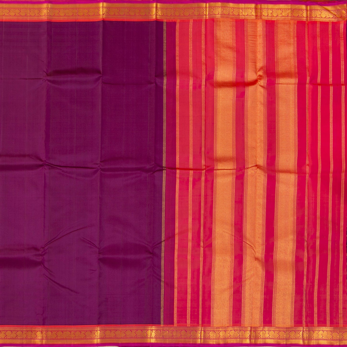 Magenta And Orange Kanchipuram Silk Saree With Short Border Handwoven Pure Silk For Festive Wear PV J 5201`