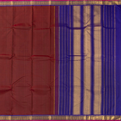 Brown And Blue Kanchipuram Silk Saree With Short Border Handwoven Pure Silk For Festive Wear PV J 5196