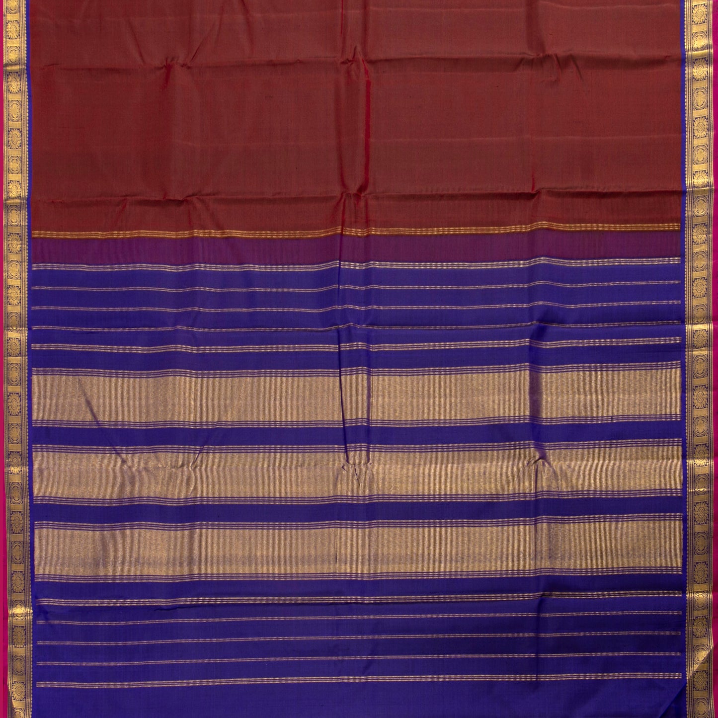 Brown And Blue Kanchipuram Silk Saree With Short Border Handwoven Pure Silk For Festive Wear PV J 5196