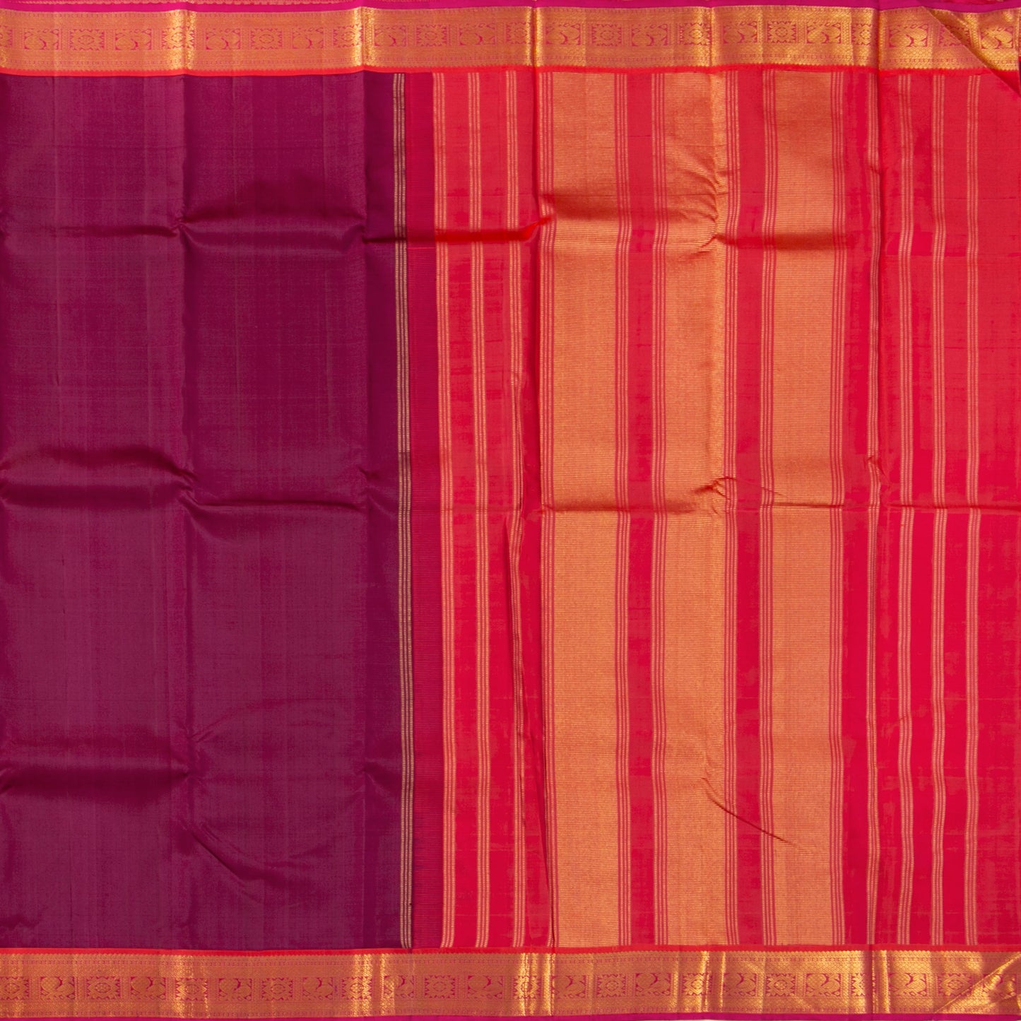 Maroon And Orange Kanchipuram Silk Saree With Short Border Handwoven Pure Silk For Festive Wear PV J 5198