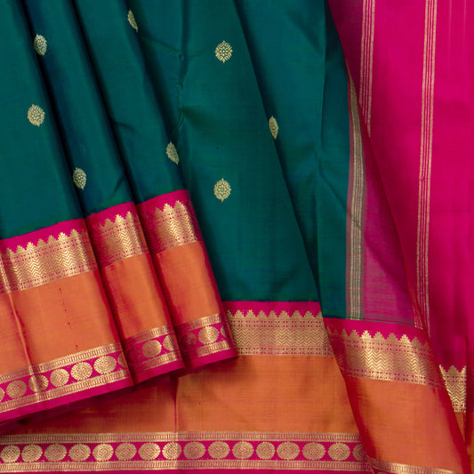 Green And Pink Kanchipuram Silk Saree With Zari Checks For Wedding Wear PV NYC 1585