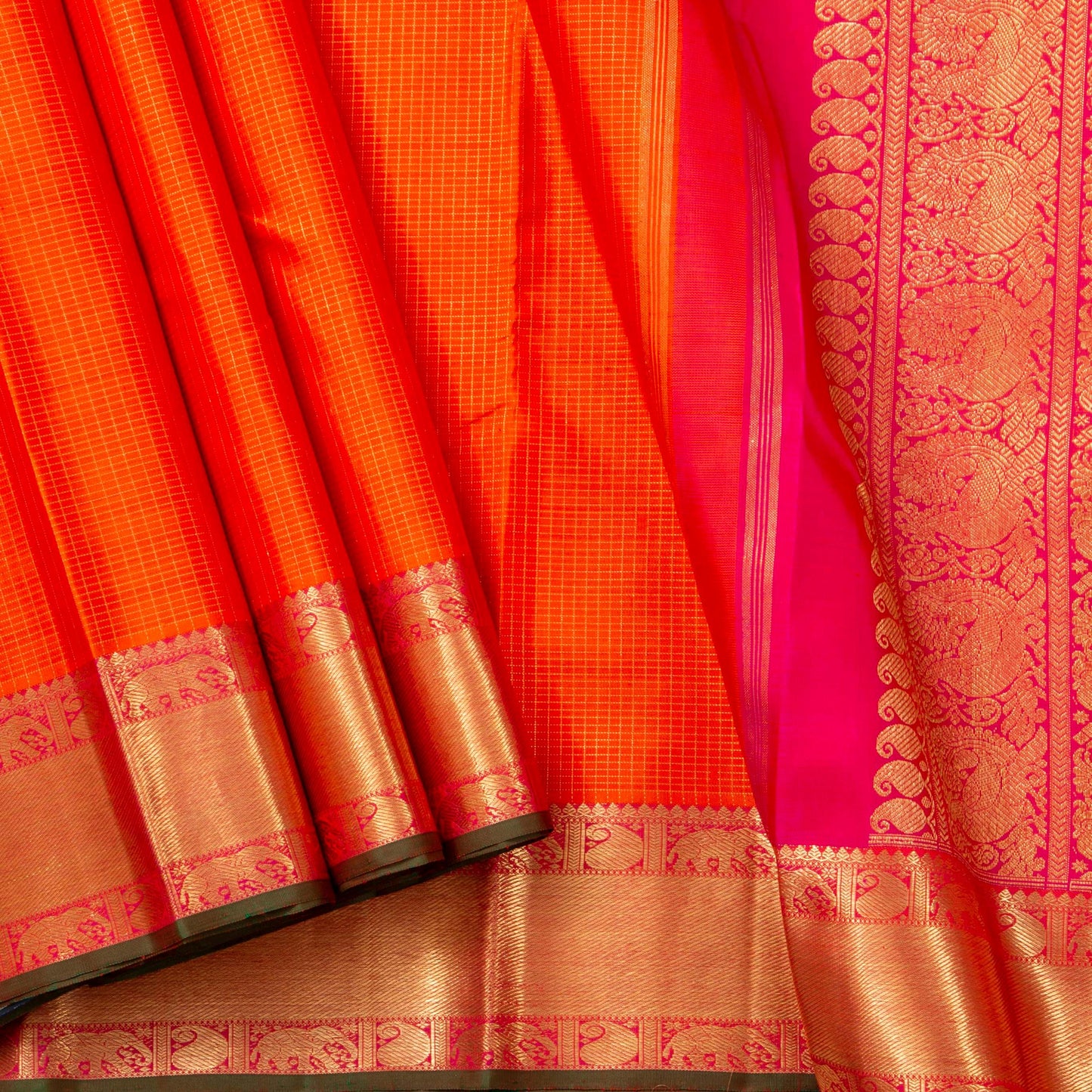 Orange And Pink Kanchipuram Silk Saree With Zari Checks For Wedding Wear PV NYC 1626
