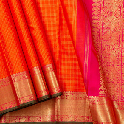 Orange And Pink Kanchipuram Silk Saree With Zari Checks For Wedding Wear PV NYC 1626