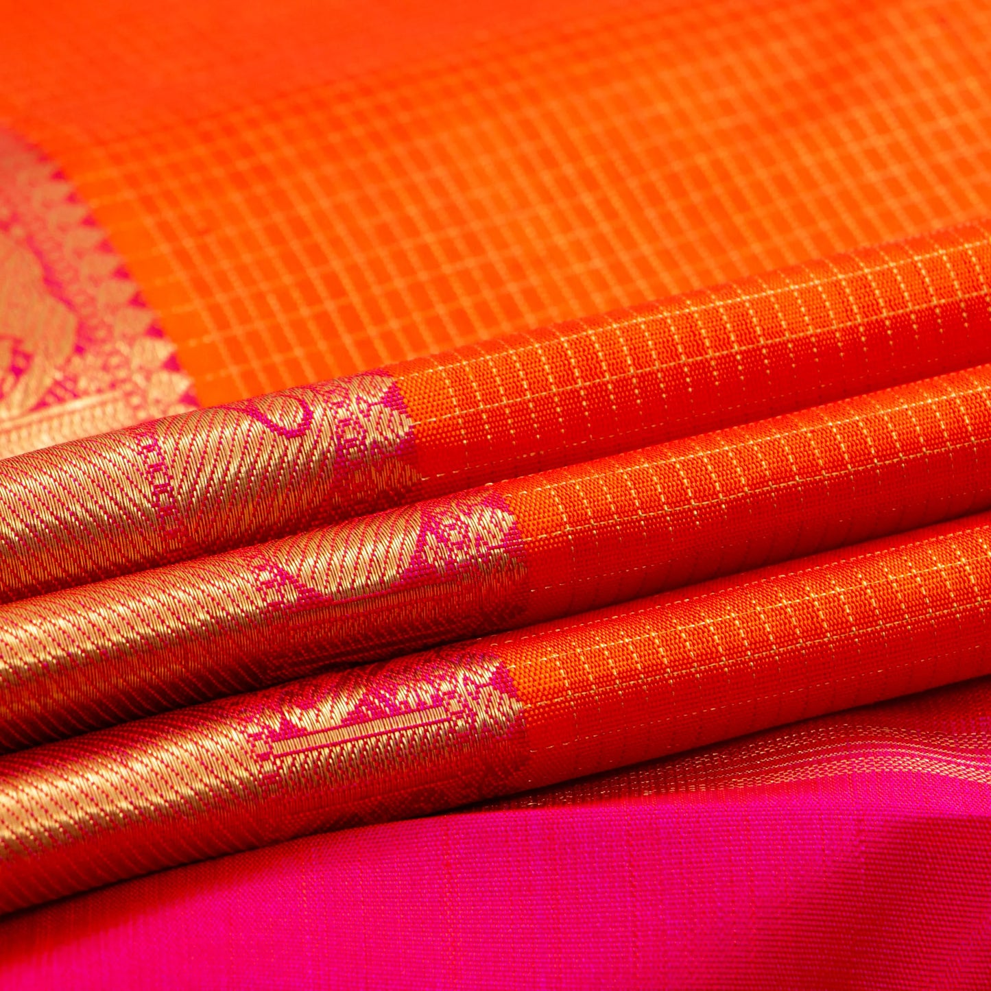 Orange And Pink Kanchipuram Silk Saree With Zari Checks For Wedding Wear PV NYC 1626