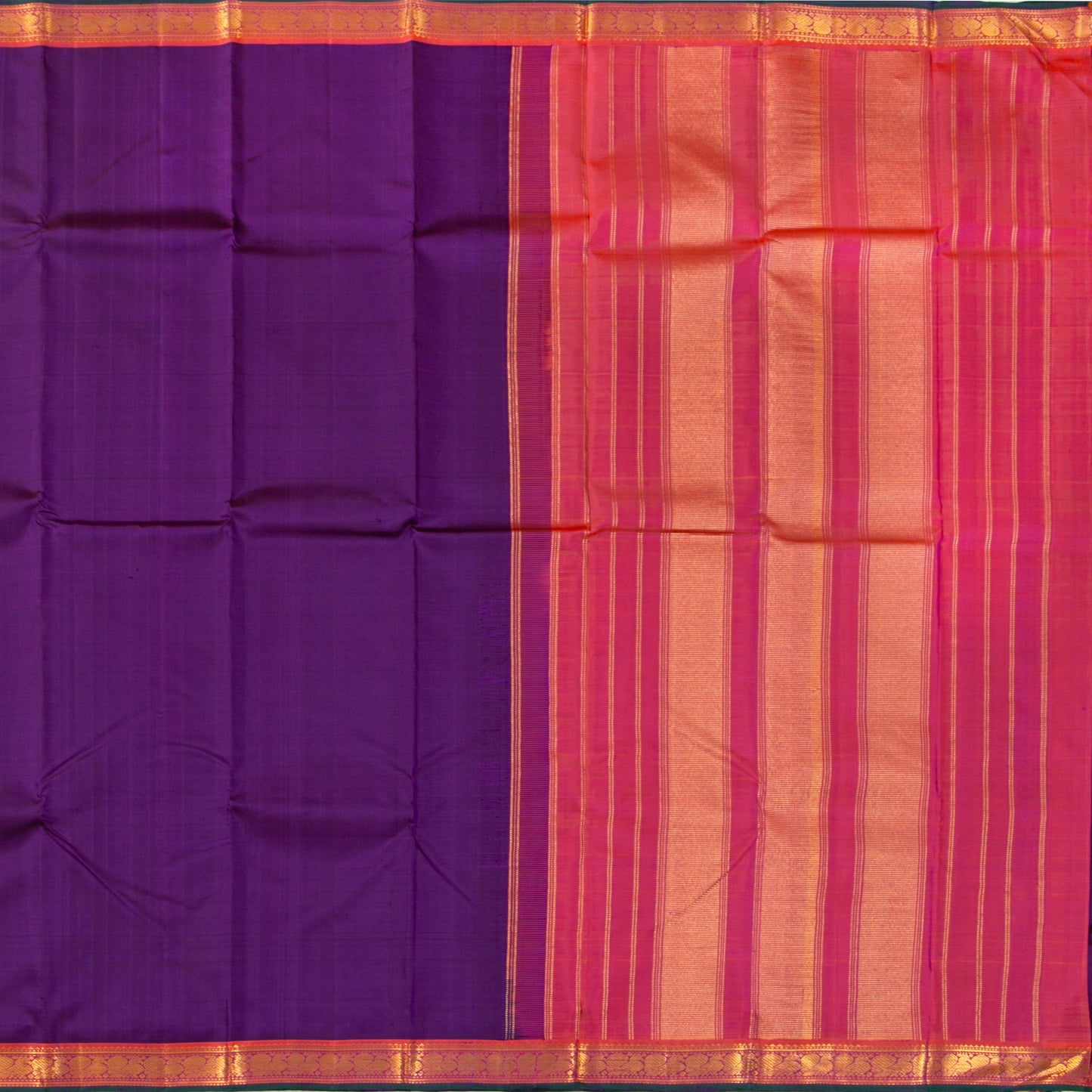 Purple And Peach Kanchipuram Silk Saree With Short Border Handwoven Pure Silk For Festive Wear PV J 5192