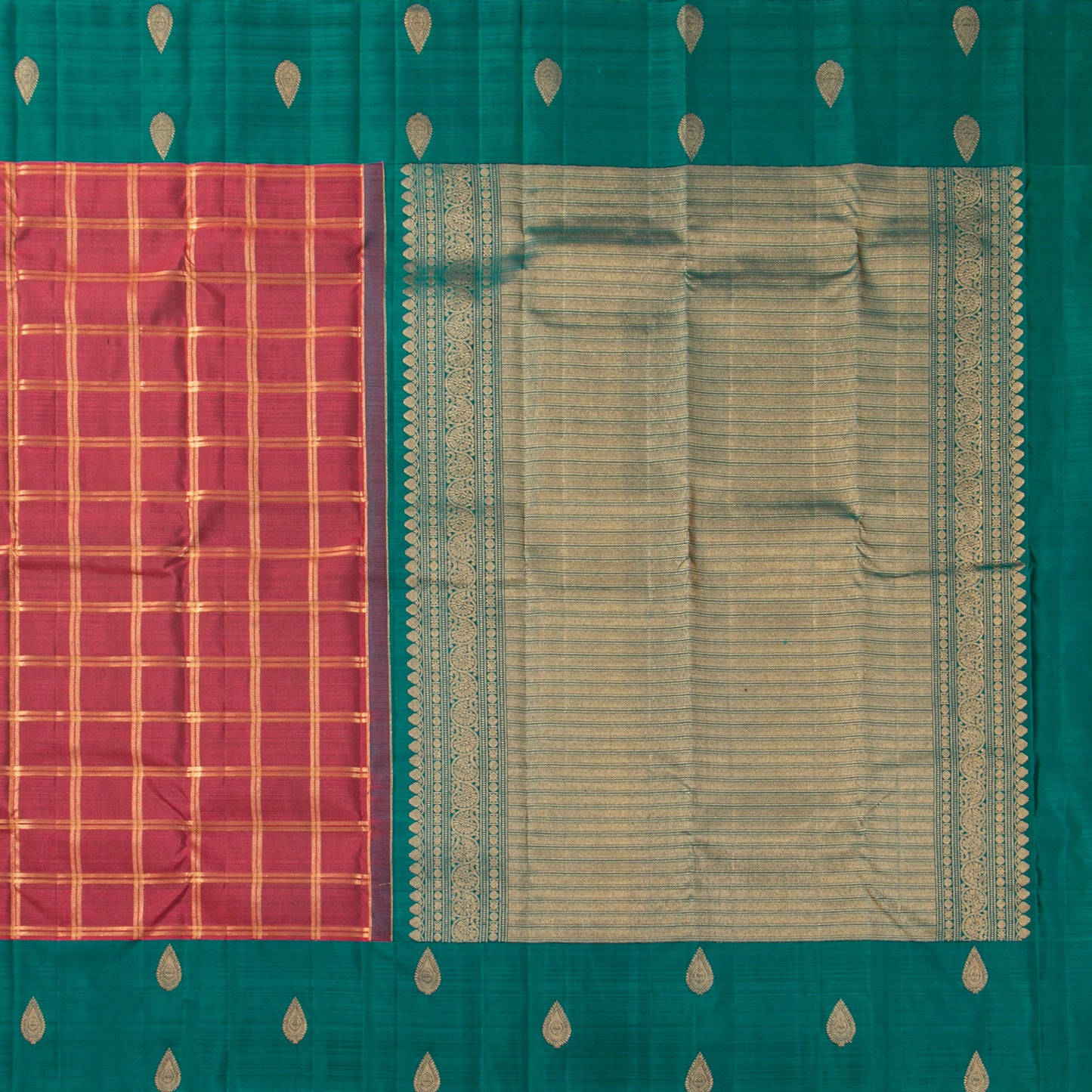 Gheva And Teal  Kanchipuram Silk Saree For Festive Wear PV MEN 275