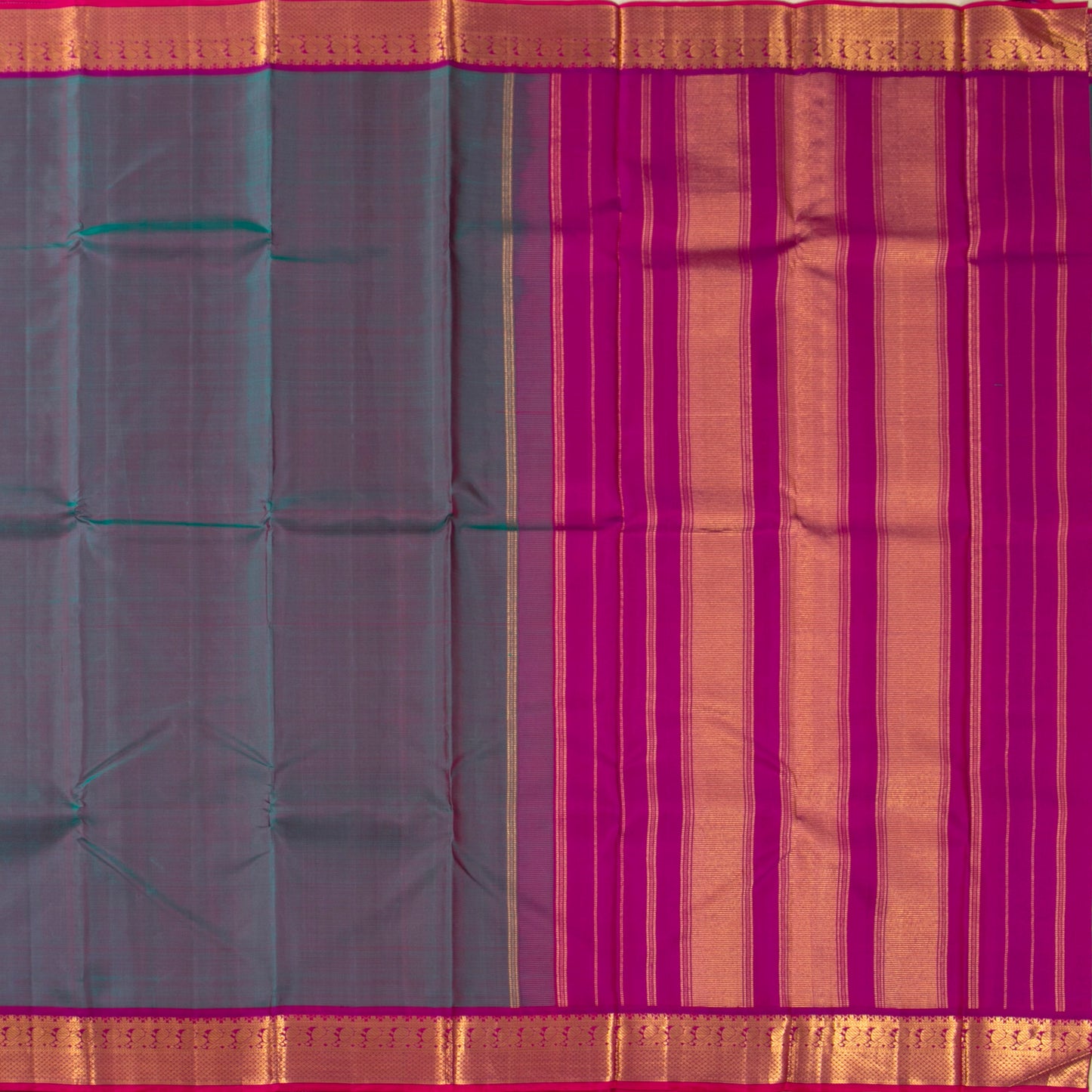 Blue And Pink Kanchipuram Silk Saree With Medium Border Handwoven Pure Silk For Festive Wear PV J 5200