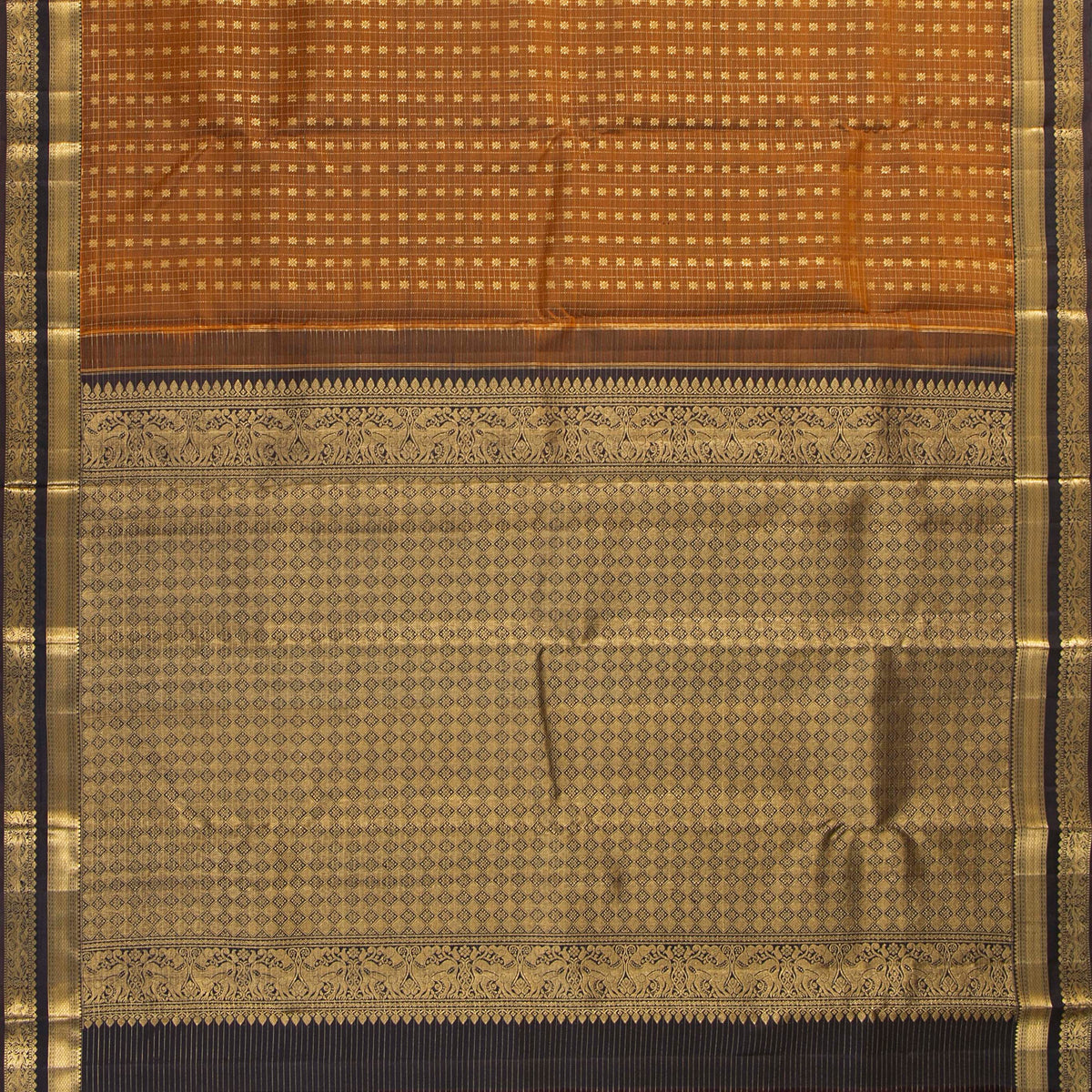 Mustard And Brown Kanchipuram Silk Saree For Festive Wear PV MEN 241 - Silk Sari - Panjavarnam PV MEN 241