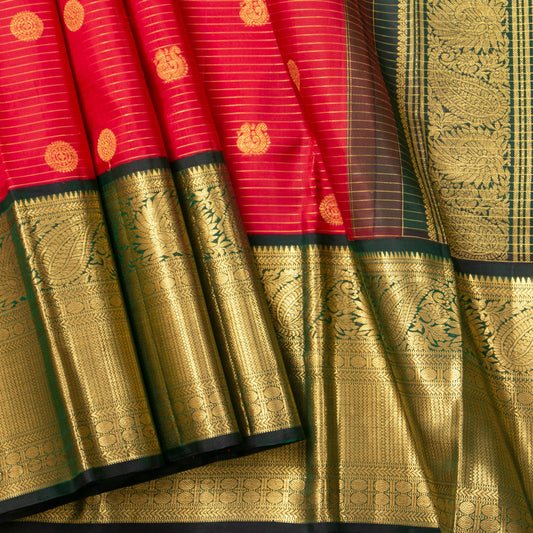 Red And Green Kanchipuram Silk Saree With Zari Stripes For Wedding Wear PV NYC 1634