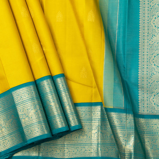 Yellow And Turquoise Green Kanchipuram Silk Saree With Vaira Oosi Zari Stripes For Bridal Wear PV NYC 1607