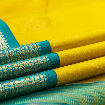 Yellow And Turquoise Green Kanchipuram Silk Saree With Vaira Oosi Zari Stripes For Bridal Wear PV NYC 1607