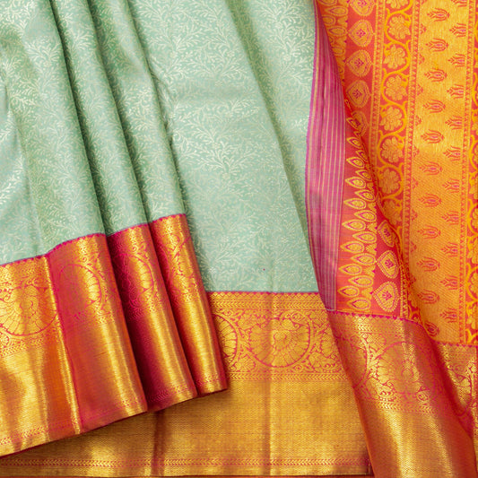 Pastel Turquoise And Orange Kanchipuram Silk Saree With Silver And Gold Zari For Bridal Wedding Wear PV NYC 1658