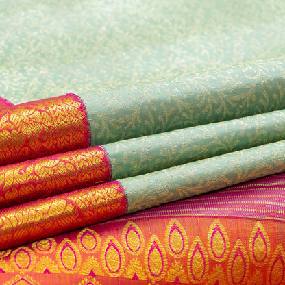 Pastel Turquoise And Orange Kanchipuram Silk Saree With Silver And Gold Zari For Bridal Wedding Wear PV NYC 1658