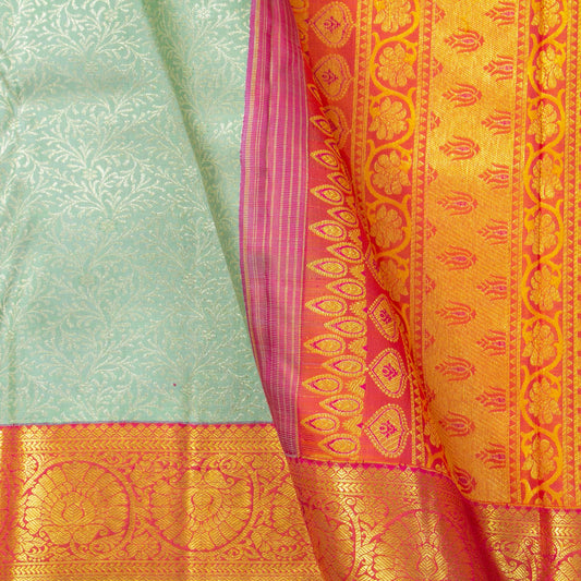 Pastel Turquoise And Orange Kanchipuram Silk Saree With Silver And Gold Zari For Bridal Wedding Wear PV NYC 1658