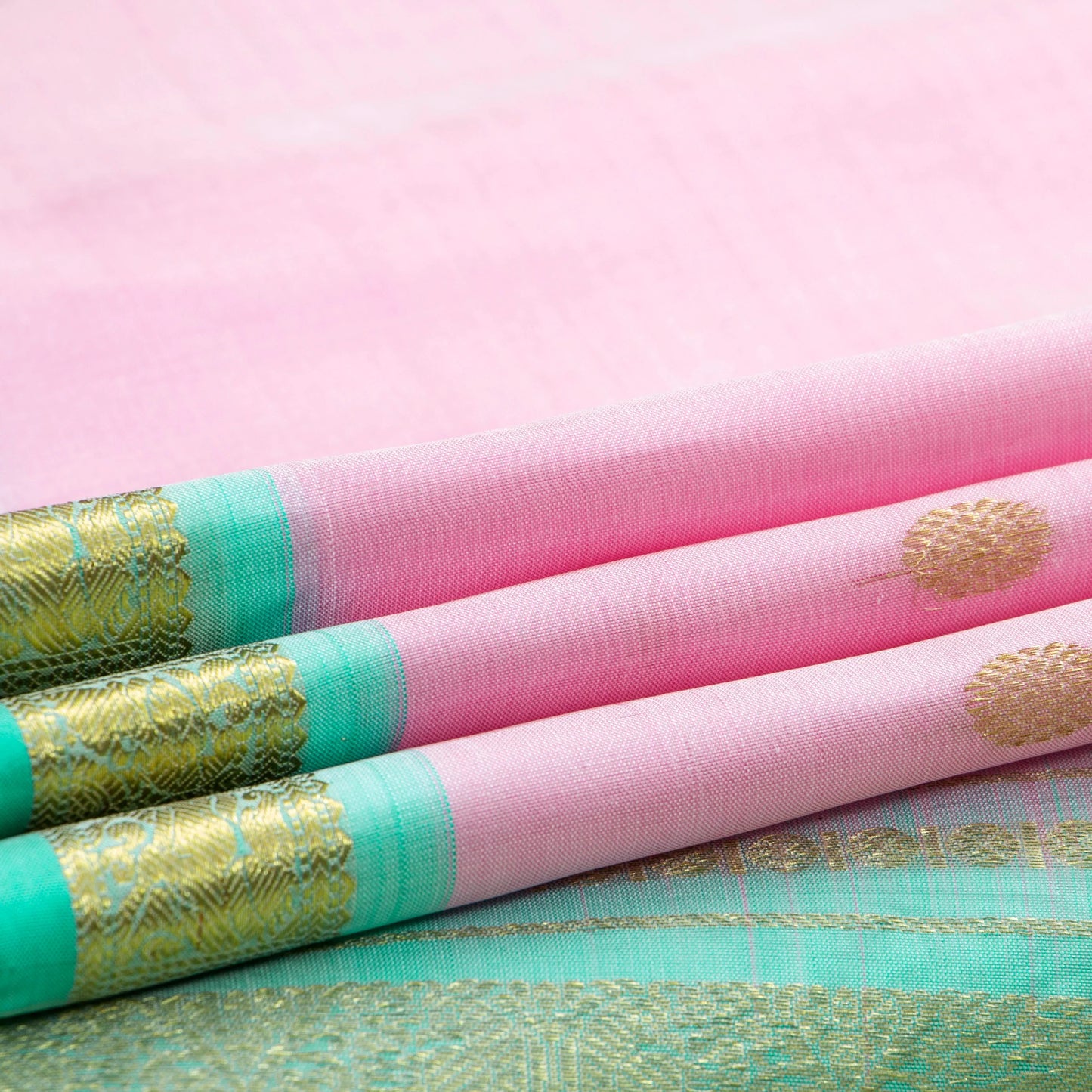 Pastel Pink And Green Kanchipuram Silk Saree For Festive Wear PV NYC 1606