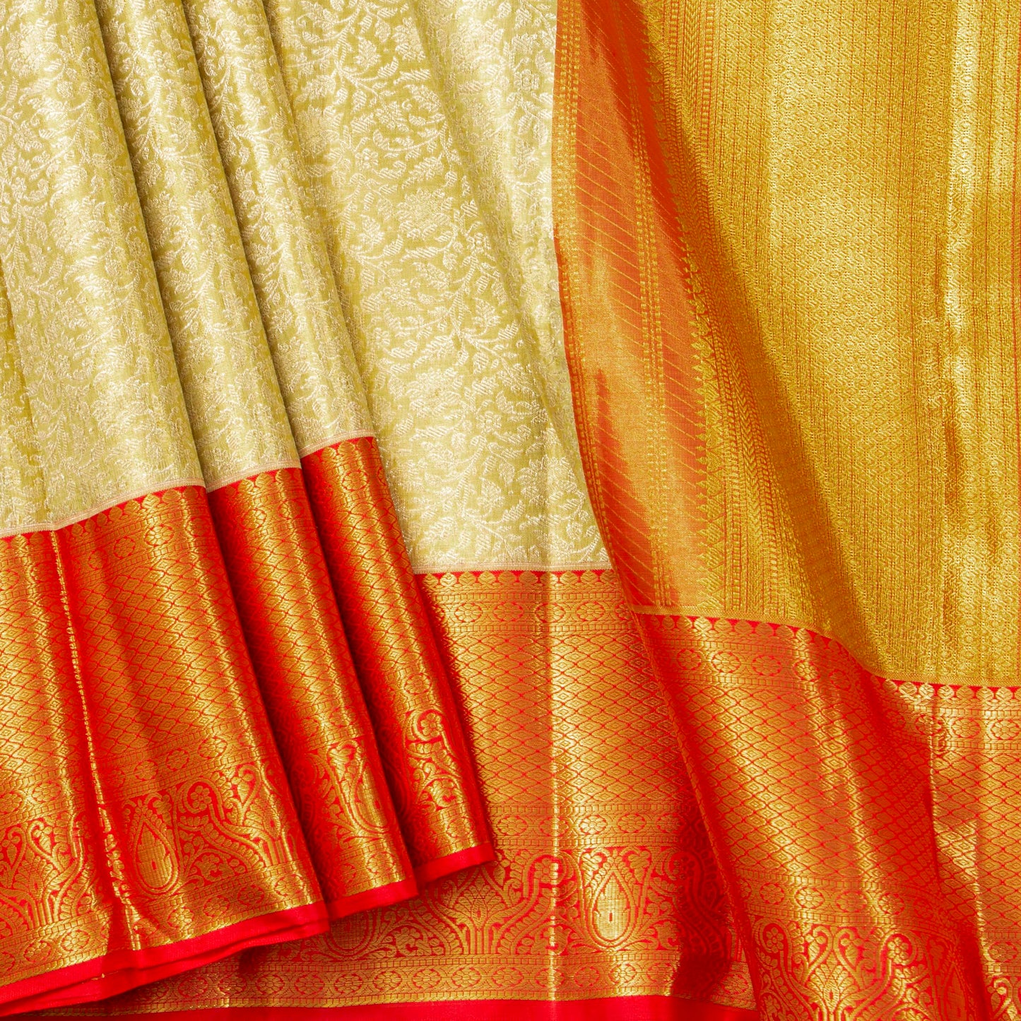 Gold And Red Tissue Kanchipuram Silk Saree For Bridal Wear PV MEN 267