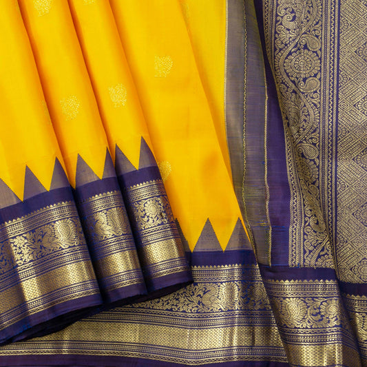 Yellow And Navy Blue Kanchipuram Silk Saree For Wedding Wear PV NYC 1627