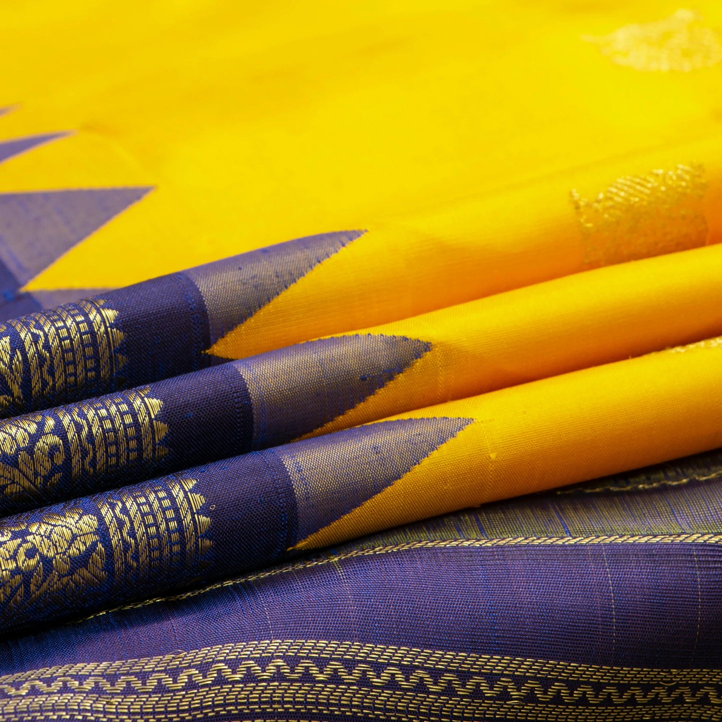 Yellow And Navy Blue Kanchipuram Silk Saree For Wedding Wear PV NYC 1627