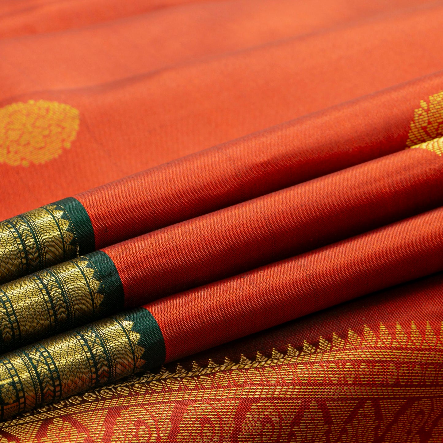 Orange And Green Kanchipuram Silk Saree For Festival Wear PV MEN 143