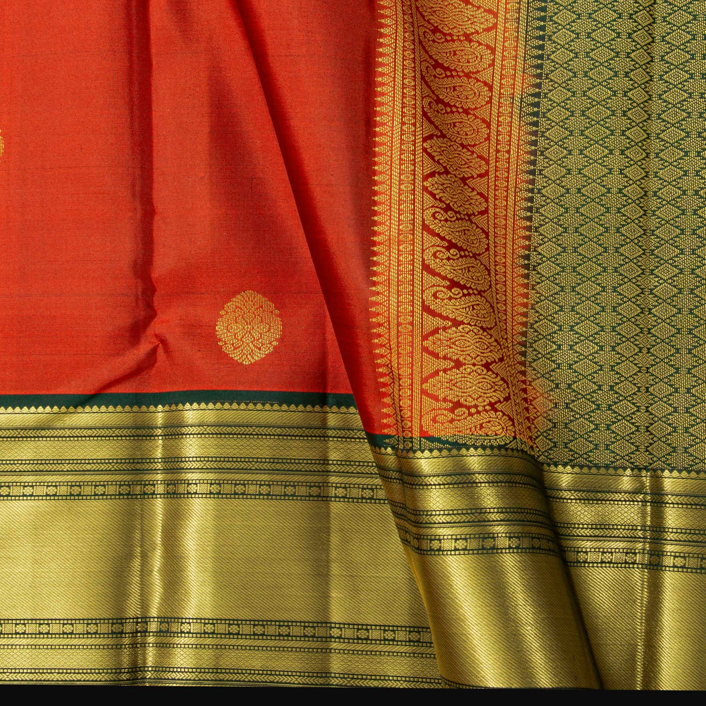 Orange And Green Kanchipuram Silk Saree For Festival Wear PV MEN 143