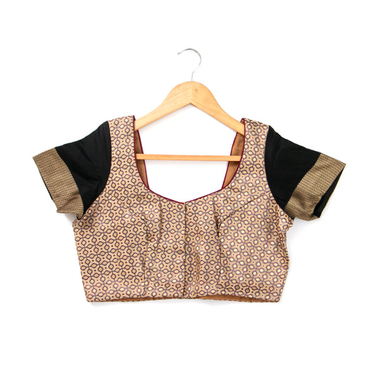Beige And Black Silk Cotton Readymade Blouse PV BL 182