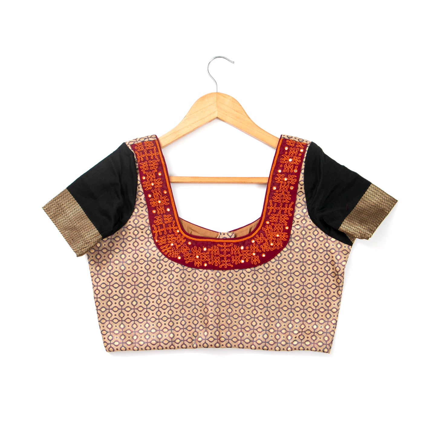 Beige And Black Silk Cotton Readymade Blouse PV BL 182