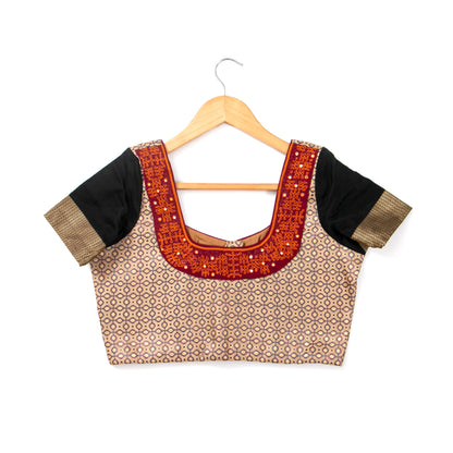 Beige And Black Silk Cotton Readymade Blouse PV BL 182