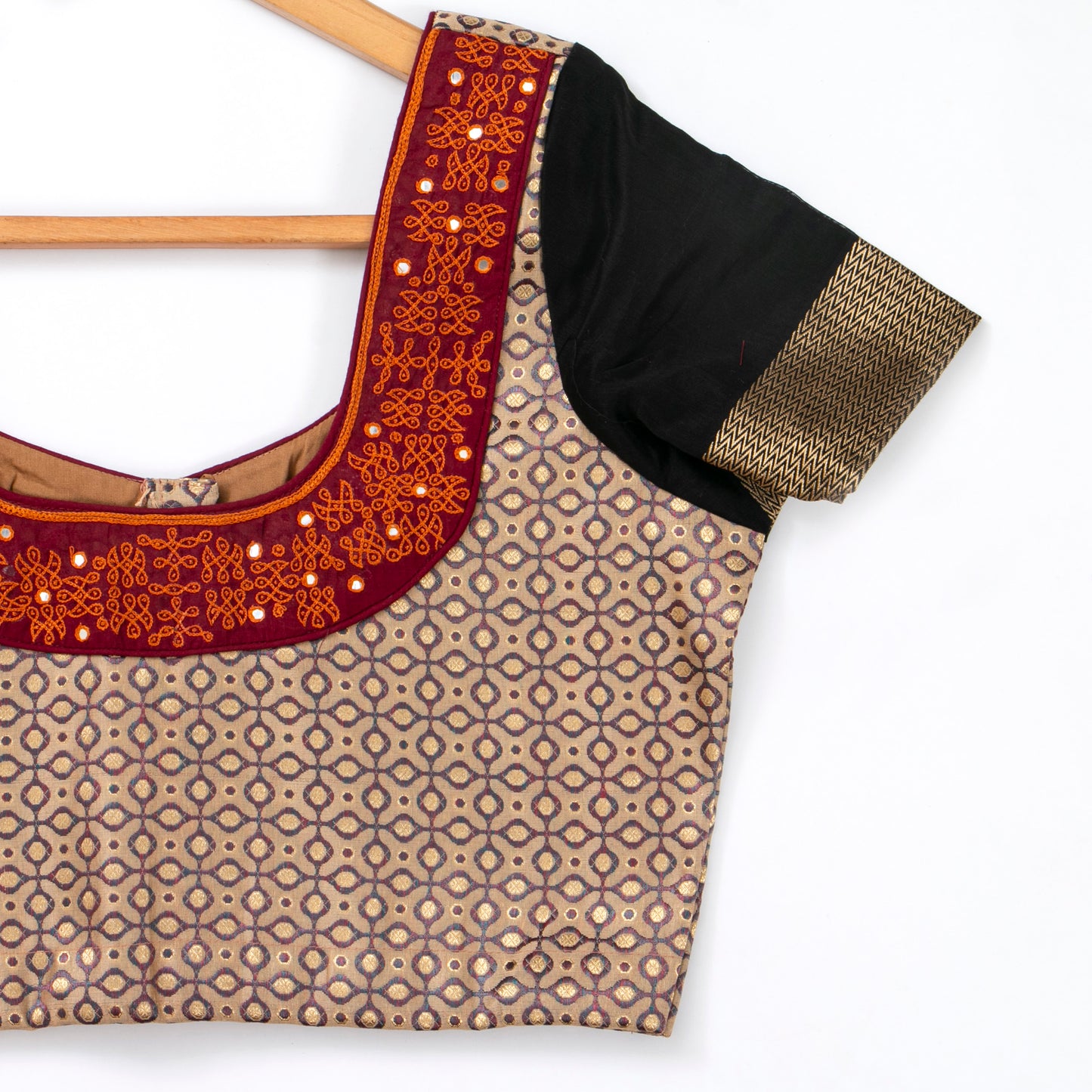 Beige And Black Silk Cotton Readymade Blouse PV BL 182