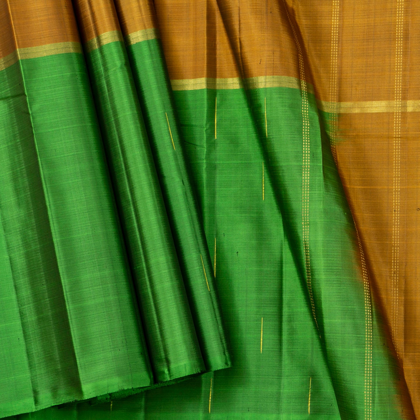 Violet, Mustard And Green Mubbagam Kanchipuram Silk Saree For Festive Wear PV 2051