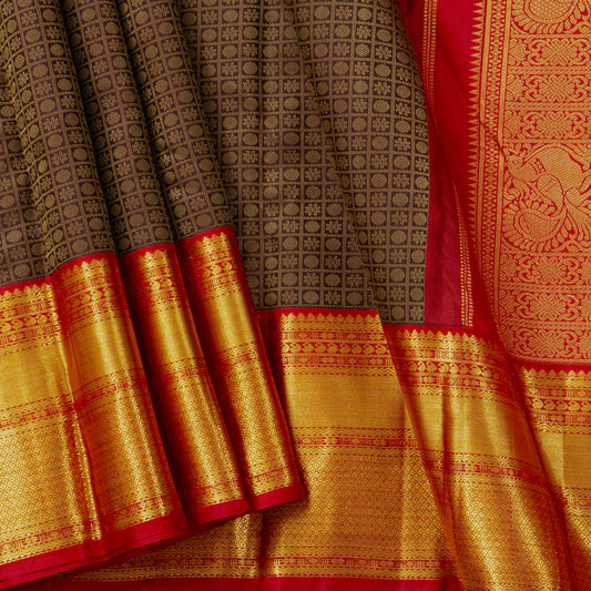 Brown And Red Kanchipuram Silk Saree For Festive Wear PV MEN 151