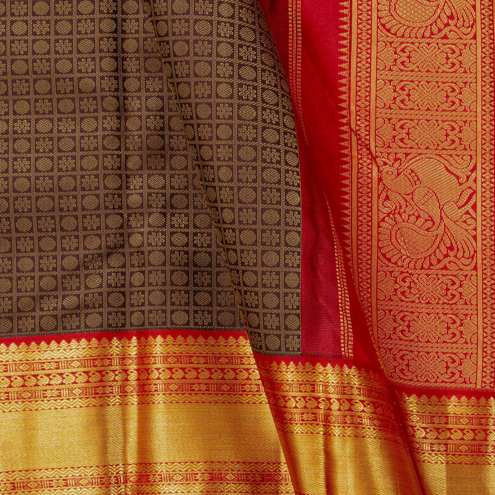 Brown And Red Kanchipuram Silk Saree For Festive Wear PV MEN 151 - Silk Sari - Panjavarnam PV MEN 151