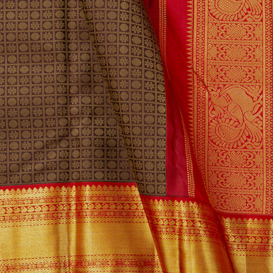 Brown And Red Kanchipuram Silk Saree For Festive Wear PV MEN 151