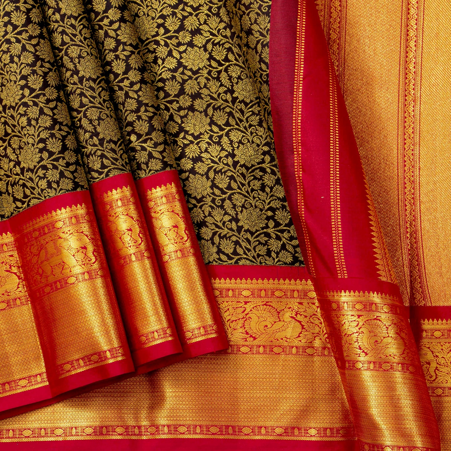 Brown And Red Kanchipuram Silk Saree For Festive Wear PV MEN 223