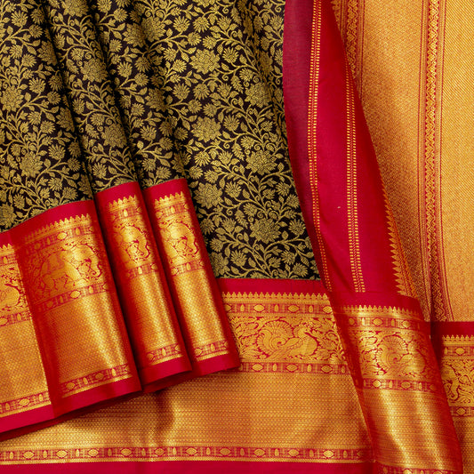 Brown And Red Kanchipuram Silk Saree For Festive Wear PV MEN 223
