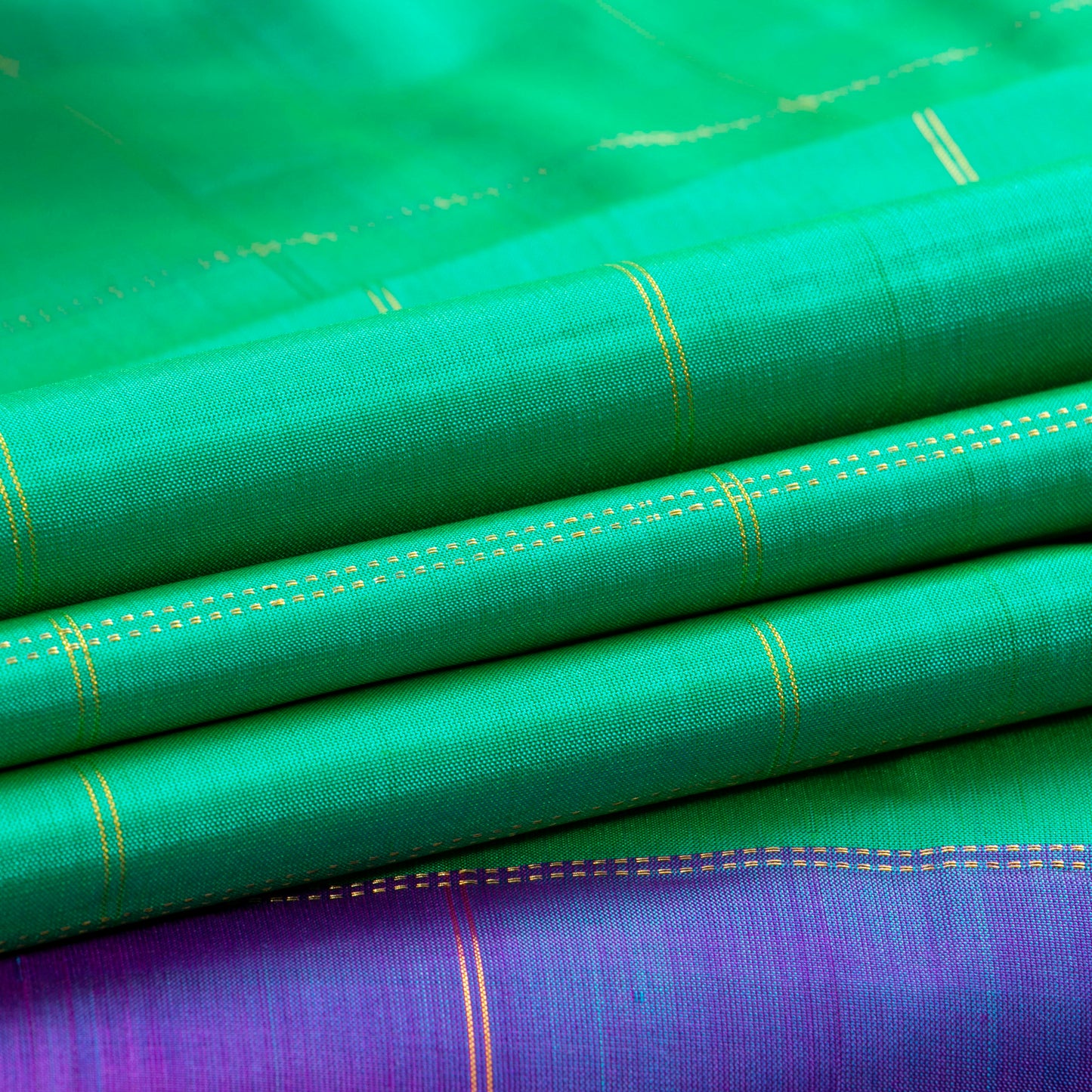 Turquoise Green And Violet Light Weight Borderless Kanchipuram Silk Saree For Festive Wear PV 2041