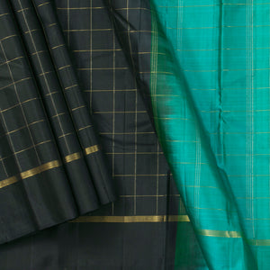 Black And Teal Light Weight Kanchipuram Silk Saree For Festive Wear PV 2042