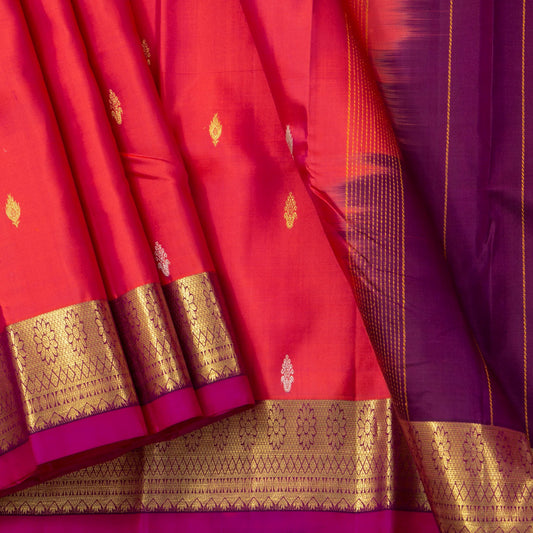 Tomato Pink And Magenta Kanchipuram Silk Saree With Zari Checks For Festive Wear PV NYC 1584