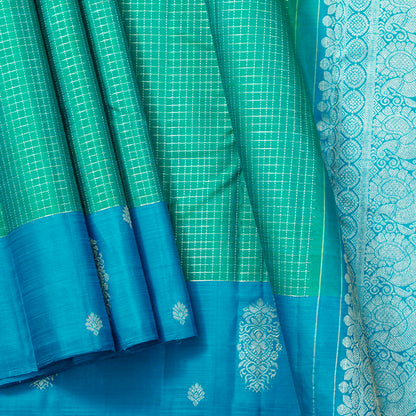 Sea Green And Blue Kanchipuram Silk Saree For Festive Wear PV MEN 237 - Silk Sari - Panjavarnam PV MEN 237